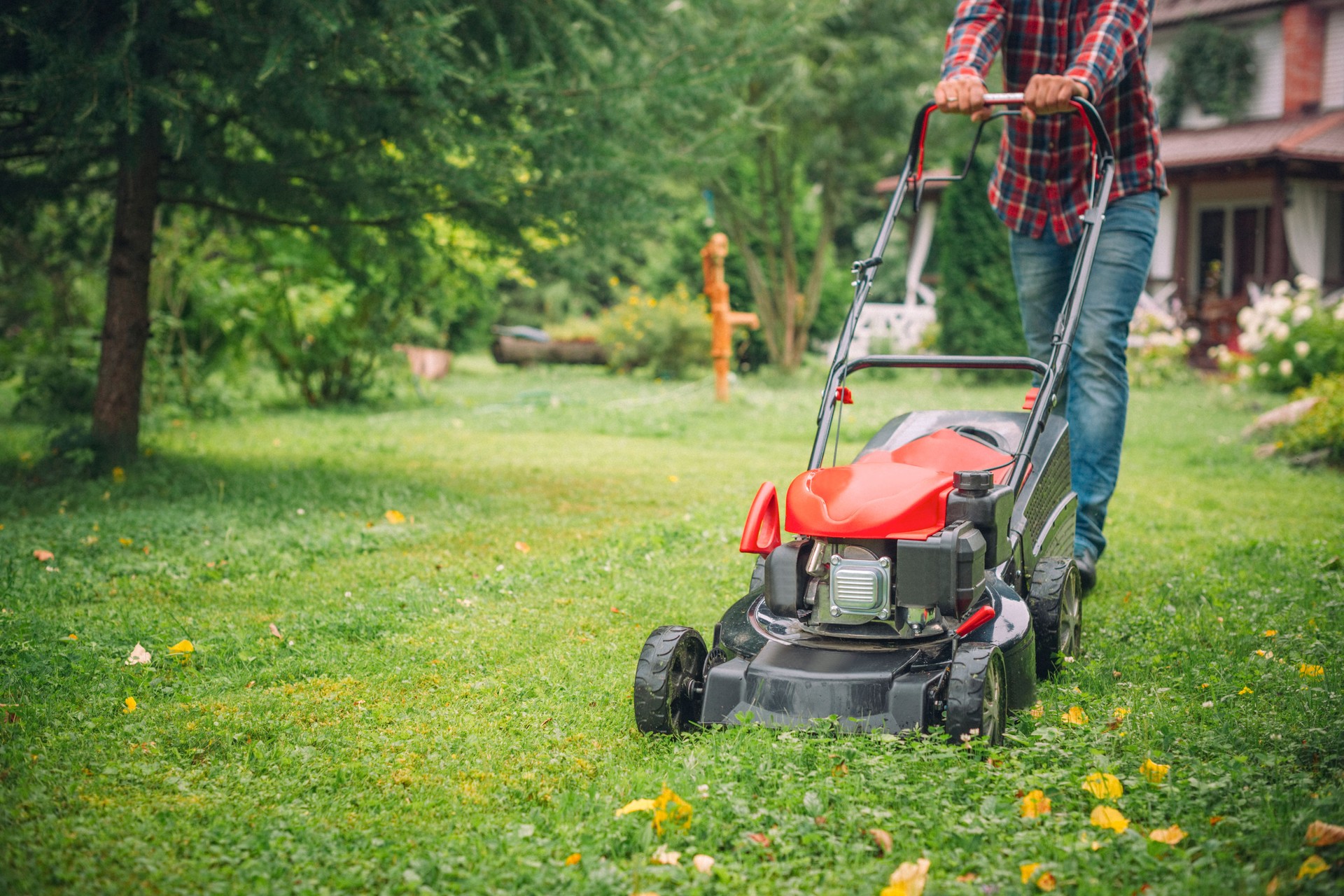 Man using a lawn mower in his back yard